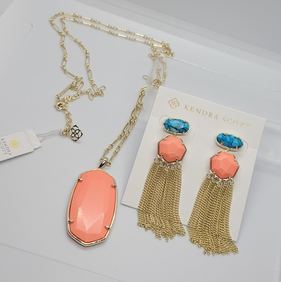 CUSTOM KENDRA SCOTT NECKLACE BRONZE VEINED TURQUOISE & NWT BRIGHT CORAL NECKLACE - Picture 8 of 11